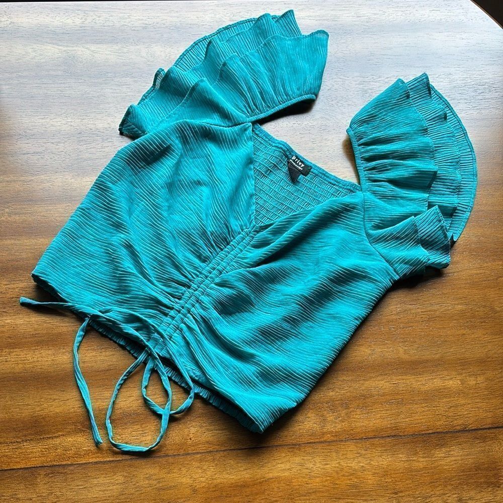 Privy Teal Ruched Crop Top with Ruffled Sleeves
